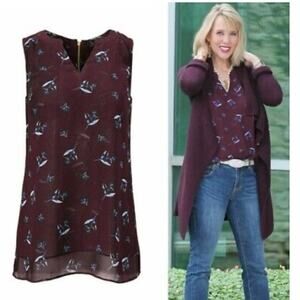 CAbi Women Burgundy Floral Sleeveless Blouse Top Size M